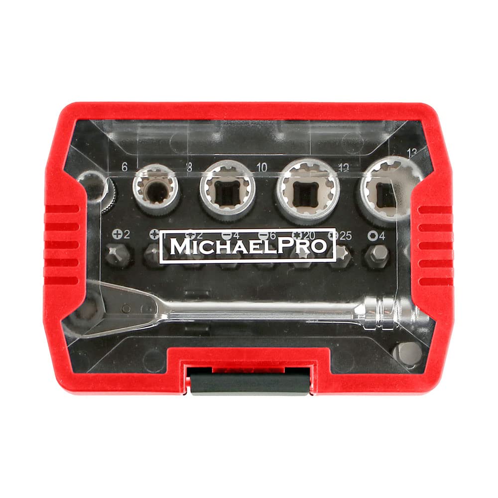 MichaelPro MP012005RD 1/4" Micro Bit Ratchet, Mini High Torque Screwdriver, 17-in-1 Close Quarter Ratchet with Bits, Flutes and Adapter