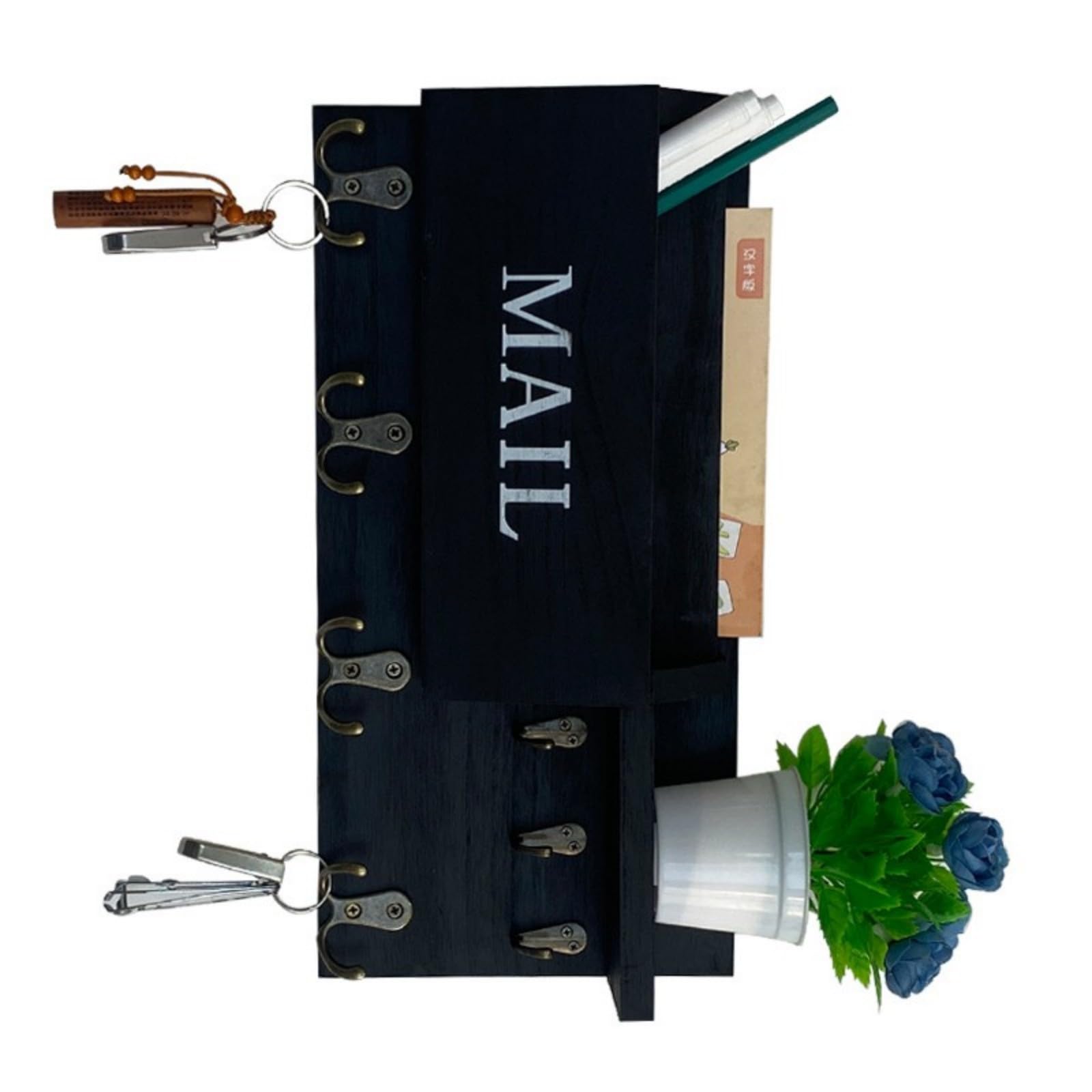 CAZSTYK Wood Wall Mounted Mail Holder with 7 Hooks for Entryway Organization Letter Stoarge Container Wall Mounted Mail Planner
