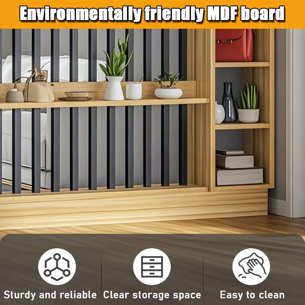 Wood Room Divider Bookshelf with Coat Rack - Freestanding Privacy Screen & Storage Cabinet, Decorative Display Shelf for Home Office & Living Room Organization