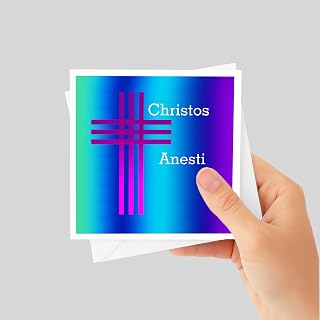 3dRose Easter Greeting Card 5.5x5.5 with Greek Cross Design - Purple and Blue for Greek Orthodox Celebrations and Religious Occasions