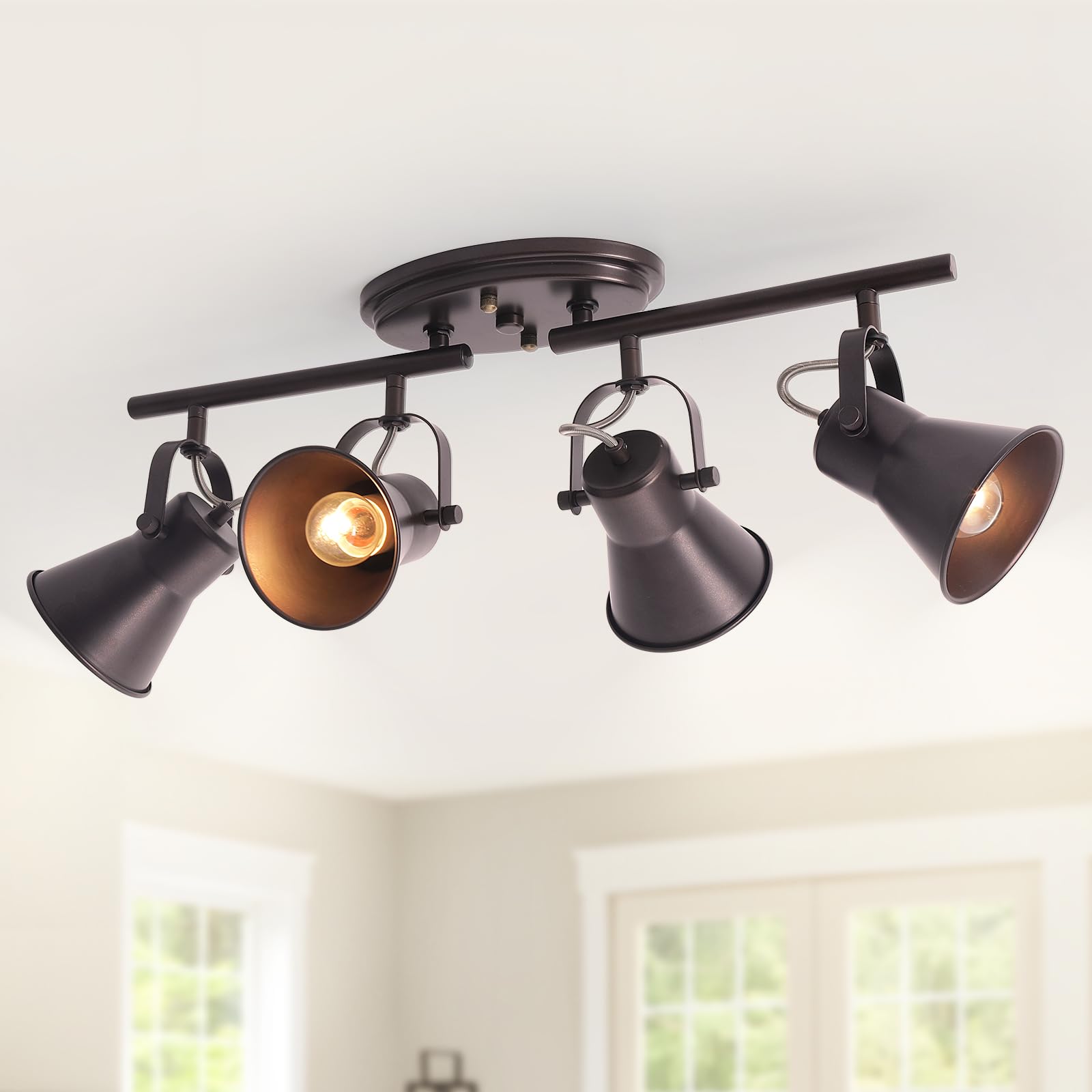 4-Light Brown Track Lighting Fixtures Ceiling, Directional Ceiling Spotlight with 4 Rotatable Heads, Modern Industrial Flush Mount Ceiling Light for Kitchen Island, Dining Room, Hallway