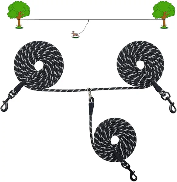 Boswany 20 FT Dog Trolley System with 8 FT Runner Lead, Tie Out for 2 Dogs, Reflective Nylon Long Tether for Yard Camping, 1/3 Inch Outdoor Rope Leash for Two Dogs, Black