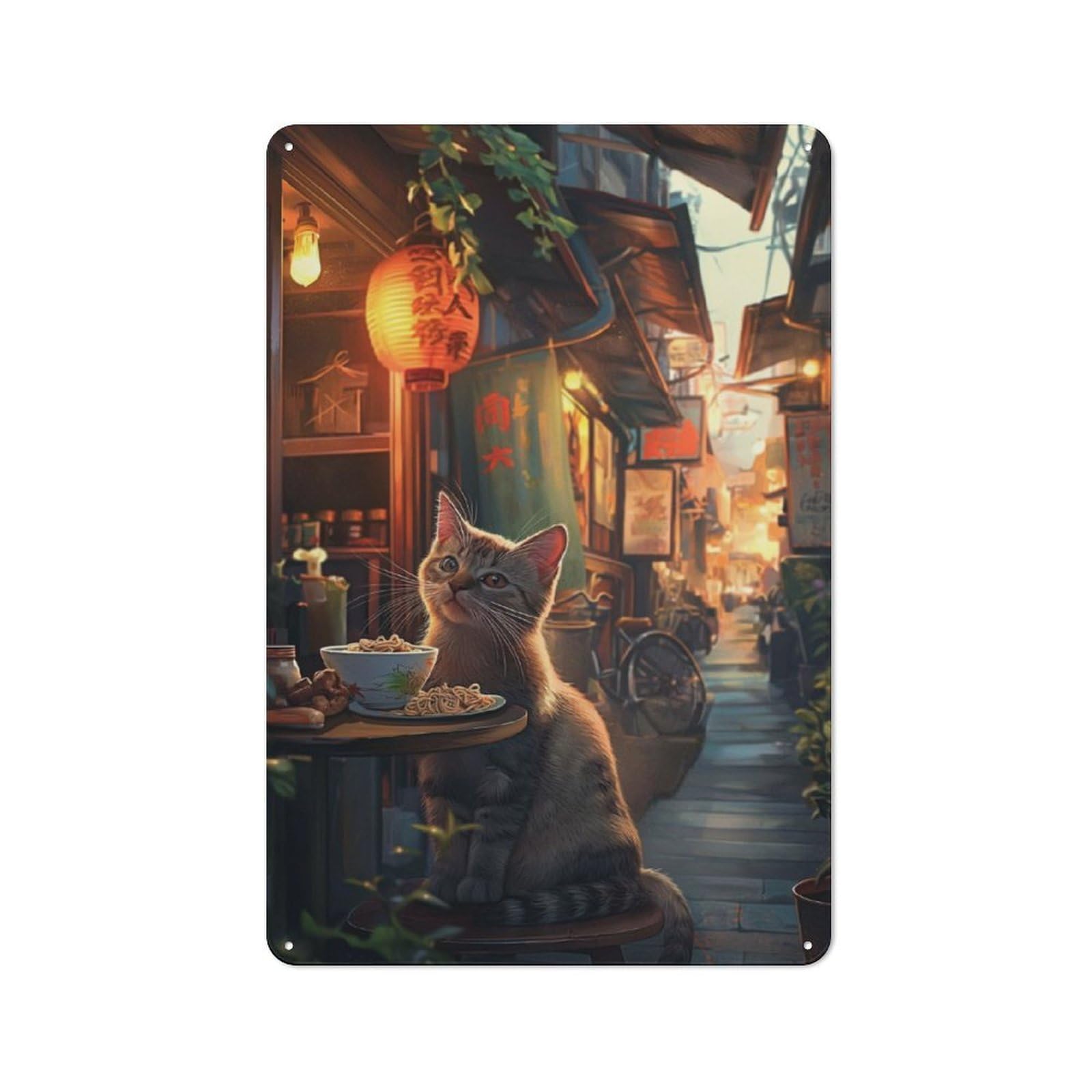 Junmoney Cat Asia Ramen Village Metal Wall Sign 30X20cm Featuring For Pub Or Café, For Pub Decor Enthusiasts, For Retro Home Interiors