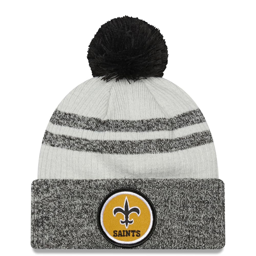 New Era Men's NFL 2022 Sideline Historic Cuffed Pom Knit Hat, New Orleans Saints, Black, One size