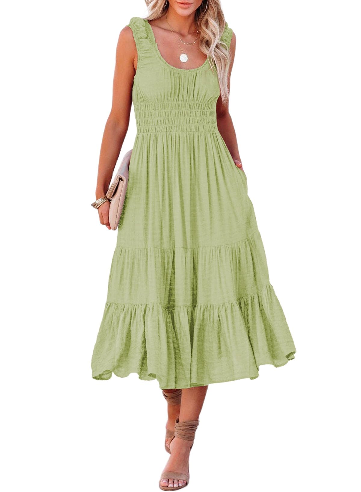 AlvaQWomen Summer Dresses Sleeveless Smocked Midi Dress High Waist Casual  Tiered A Line Sundress with Pockets