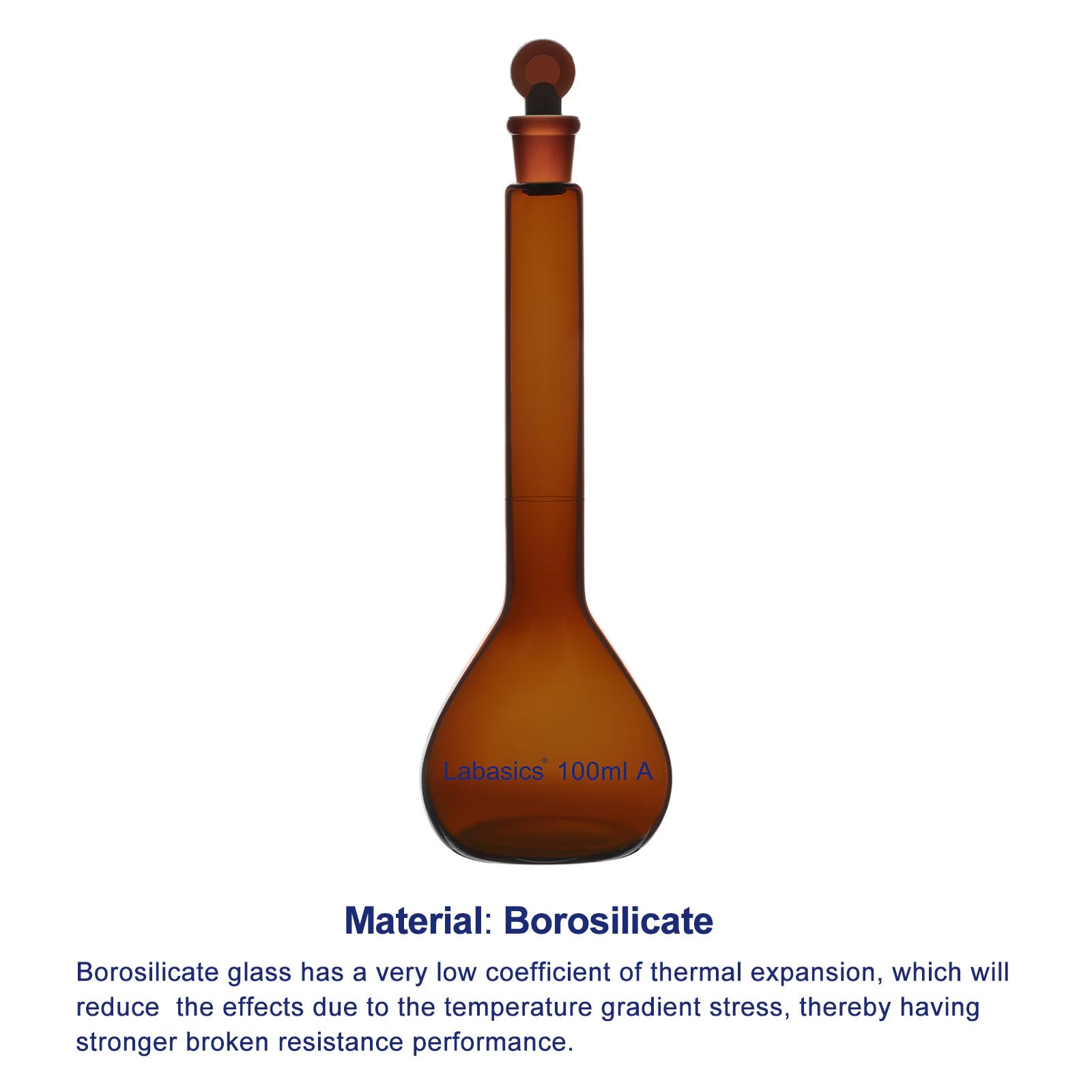 Labasics Pallone Tarato Amber da 100 ml, Vetro Borosilicato di Classe A con Tappo in Vetro Marrone Abbinato, Ideale per Soluzioni Sensibili Alla Luce nei Laboratori Chimici