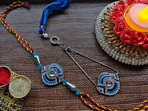 Image of Mahi Bhaiya Bhabhi Rakhi Set with Crystals and Meenakari Work Bracelet Style Lumba - Rakhi for Brother and Bhabhi(PARCOL1105339PR)