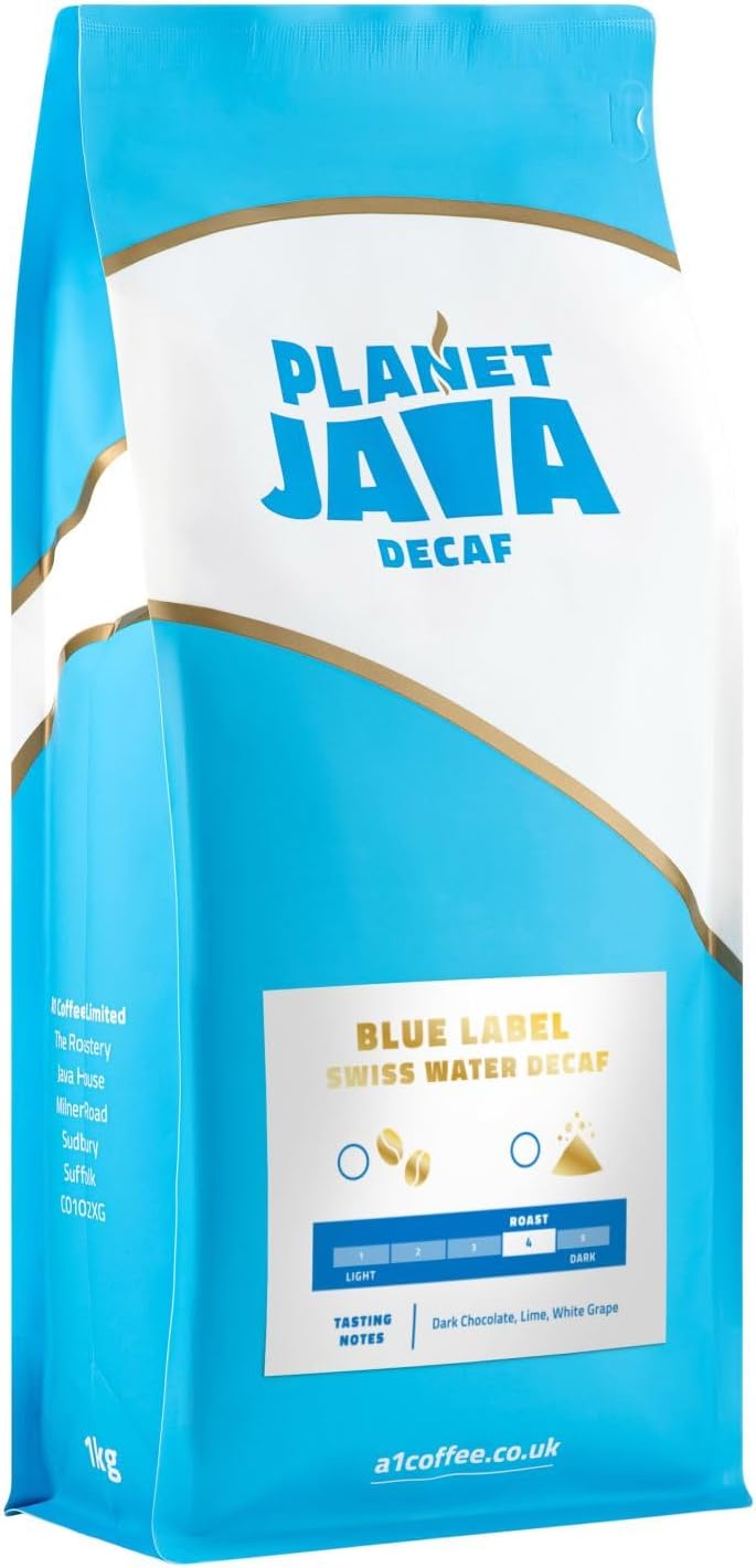 Blue Label Swiss Water Decaf Coffee Beans (1 x 1kg Bag) - Award Winning Full Medium Roast Hand Roasted In The UK - 100% Arabica