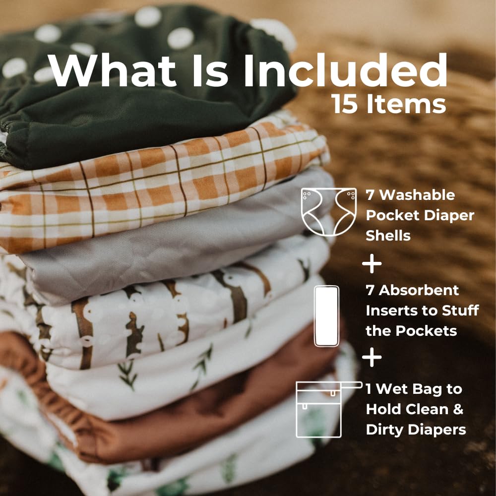 Nora's - Paquete de 7 pañales de tela con 7 inserciones y 1 bolsa húmeda, funda impermeable, lavable, reutilizable y de tamaño único para recién nacidos y niños pequeños, bosques
