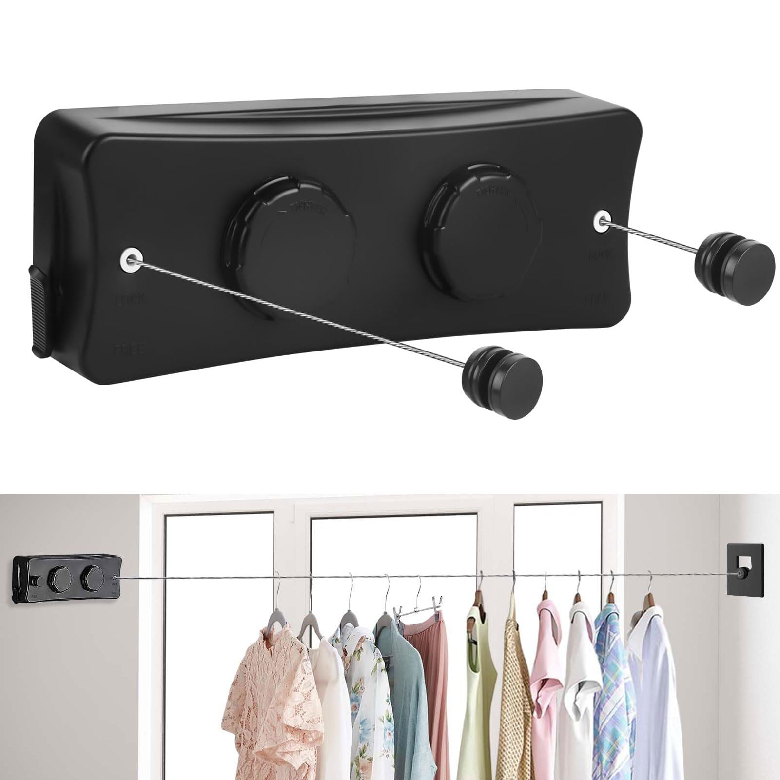 Domigard Corda per Biancheria Retrattile, Stendibiancheria Interna a Parete Doppia Linea Invisibile Filo di Lino Estensibile in Acciaio Inossidabile, Corda da Biancheria Regolabile 2 * 5,1m (Nero)