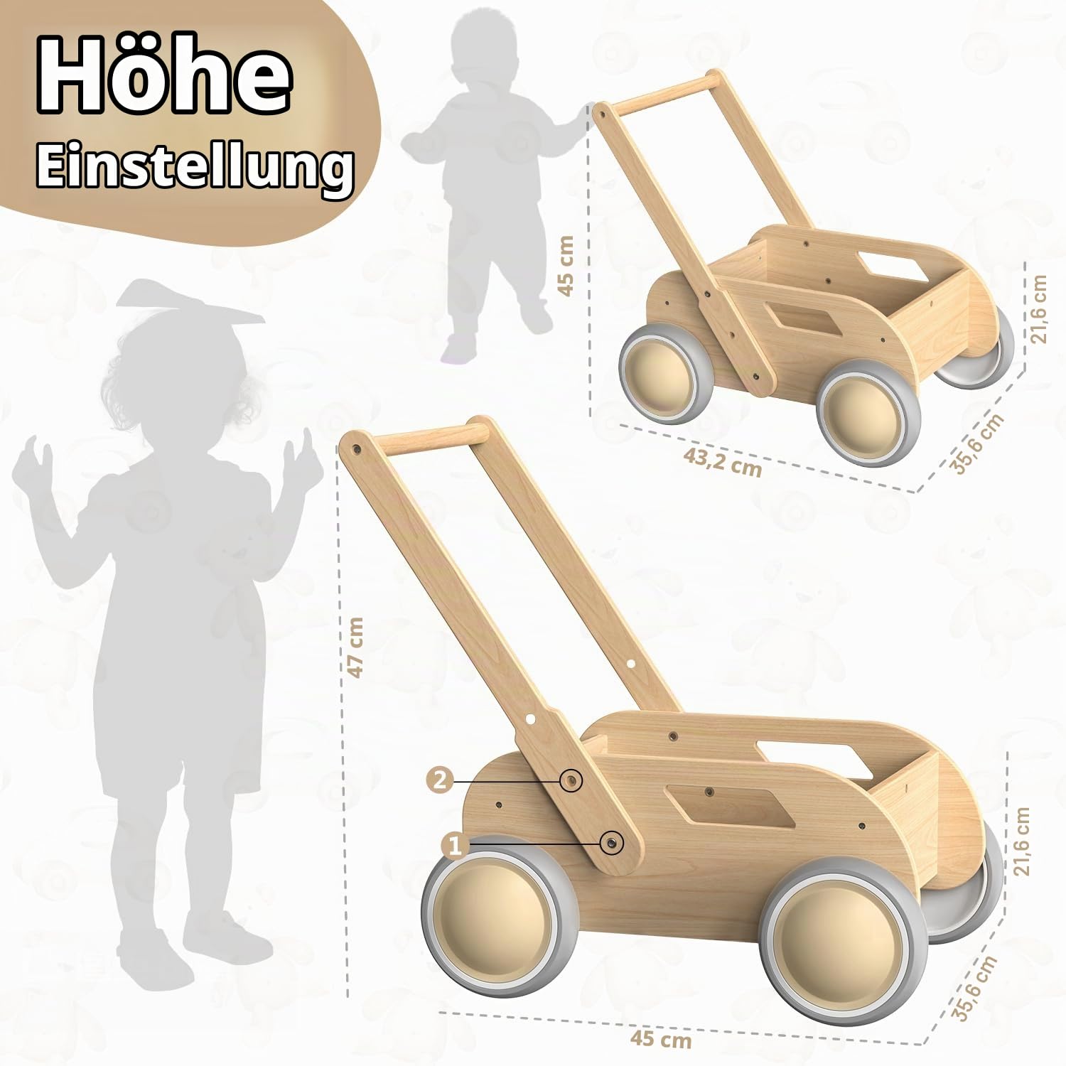 Lauflernwagen Holz, Baby Lauflernhilfe für Junge und Mädchen, Toddler Push & Pull Lauflernspielzeug, Kinderwagen aus Holz, Baby Walker mit Rädern, Geschenk für Geburtstag Weihnachten, Natürlich