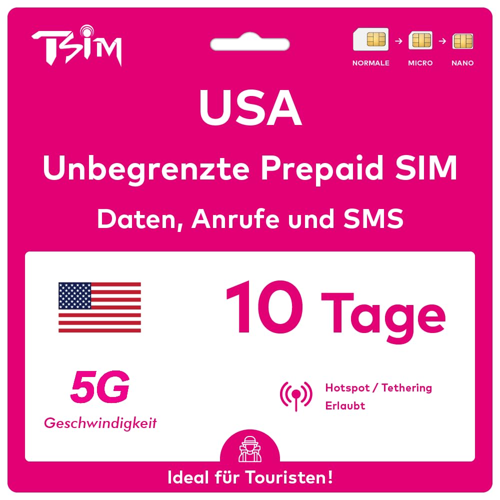 USA ESIM 10 GB Für 10 Tage – High-Speed-Daten, Multi-Netzwerk, Nur Daten | Einfache Aktivierung Per QR, Tethering Erlaubt