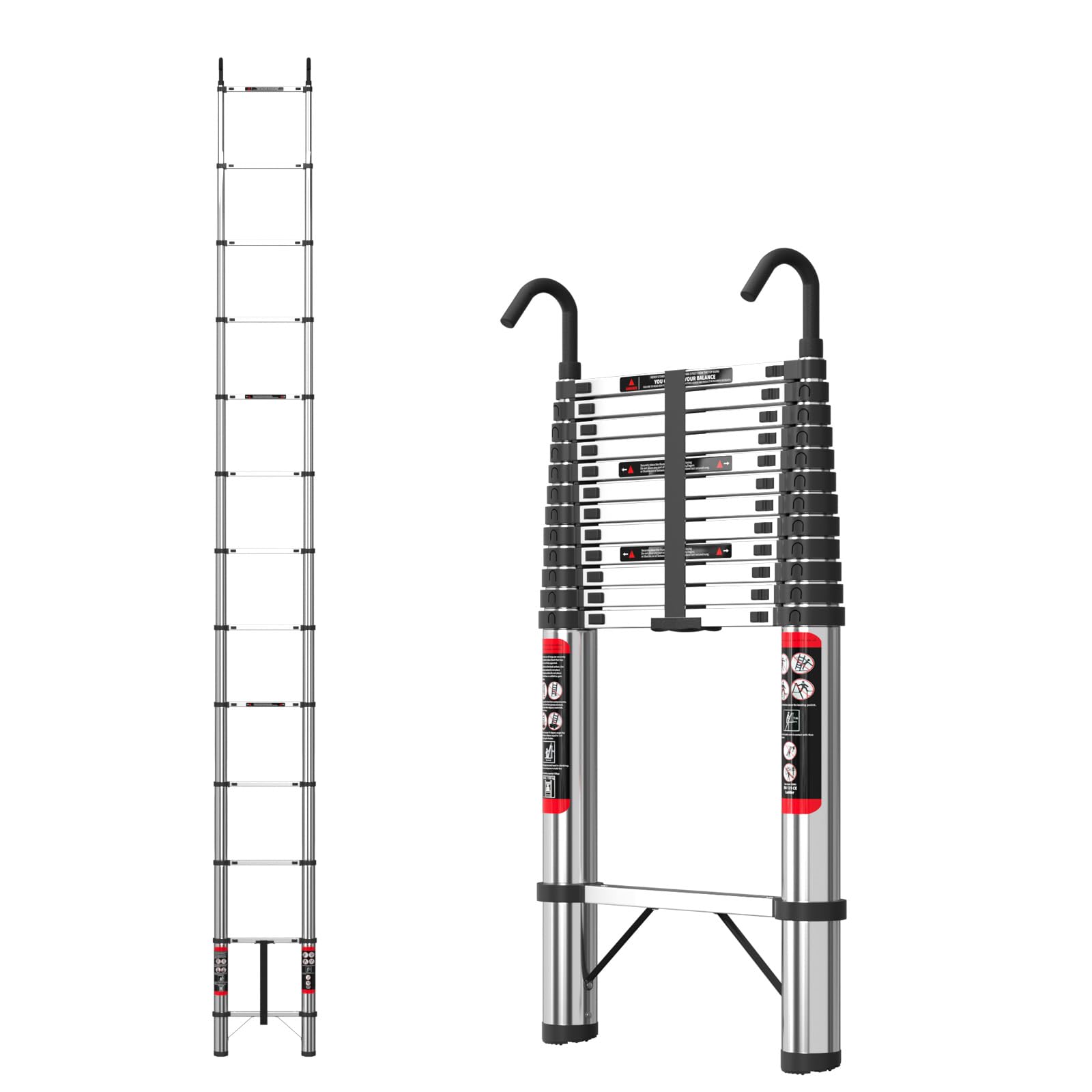 Escalera telescópica 5 M/16,4 pies, escalera extensible de acero inoxidable, escalera multifunción con 2 ganchos desmontables, capacidad 330 lb/150 kg