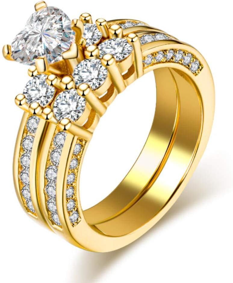 IOU 3pc Two Rings His Hers Wedding Ring Sets Couples Rings Women's Yellow Gold Plated Heart CZ Wedding Engagement Ring Bridal Sets Men's Stainless Steel Wedding Band