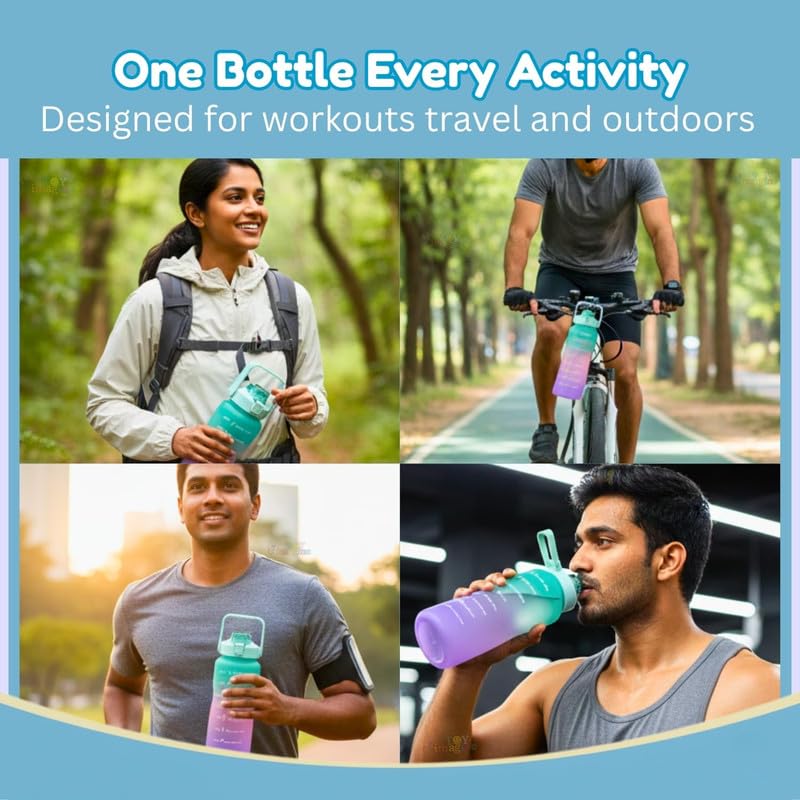 Image of MOTIVATIONAL 3-Pcs (2000ML-900ML-300ML) Water Bottle with Straw & Time Marker | Leak-Proof Sports Bottle for Gym, Office, School | Break-Resistant Silicone Bottle for Hydration(Blue-Pink)
