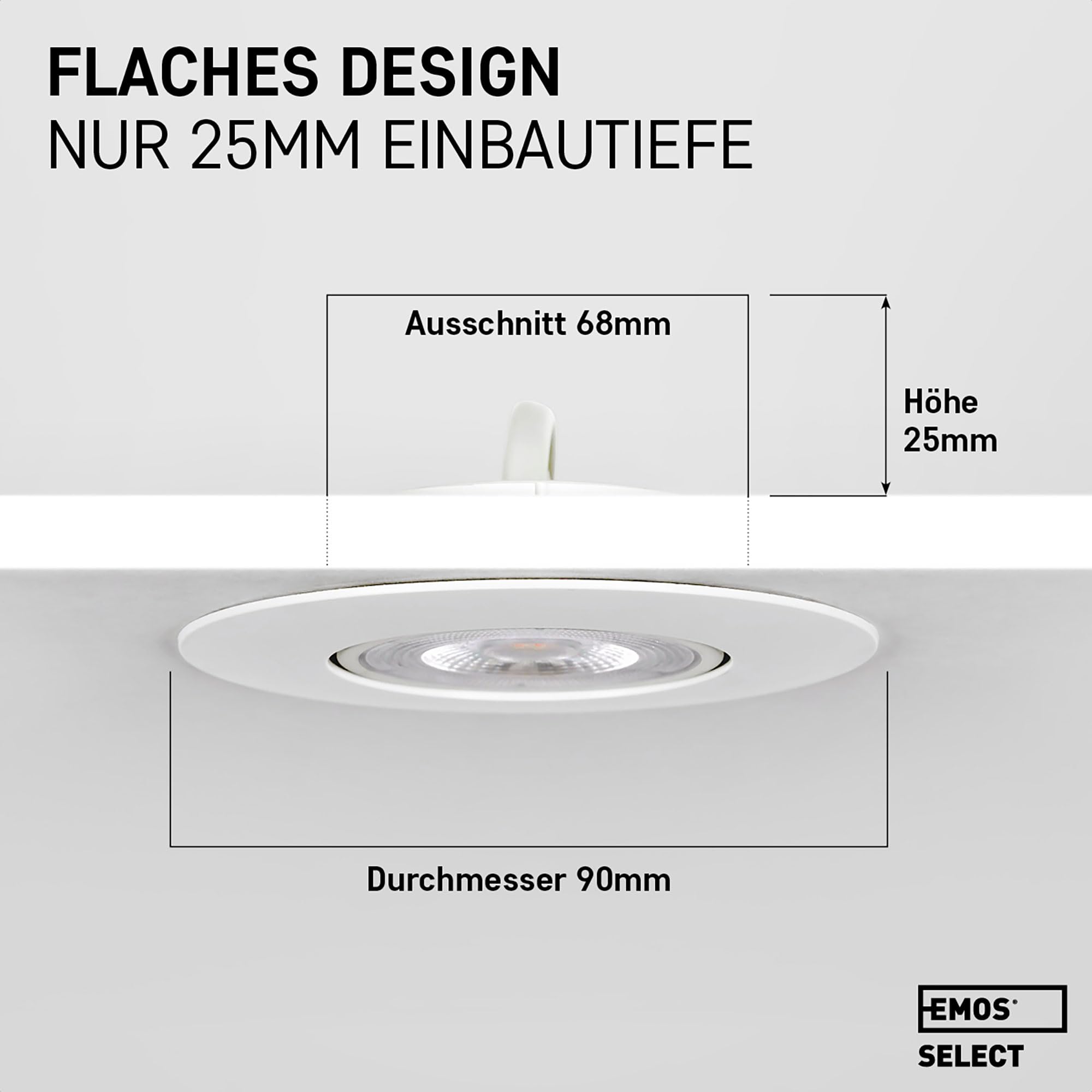 EMOS LED Einbaustrahler 230V, 5W / 450lm, 50° schwenkbar, kaltweiß 6500k (Tageslichtweiß) | Einbaustrahler Spot flach 68mm Lochmaß | Set mit 12 Stück LED Spots 230V, rund (Farbe weiß)
