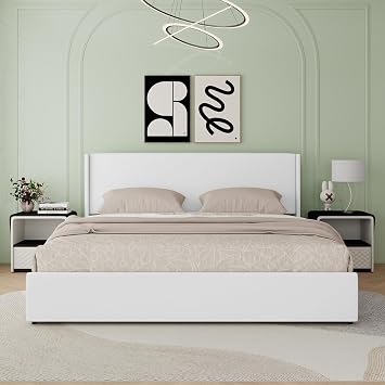 King Size Upholstered Storage Platform Bed Frame with 4 Drawers White Noise-Free Wingback Headboard No Box Spring Needed
