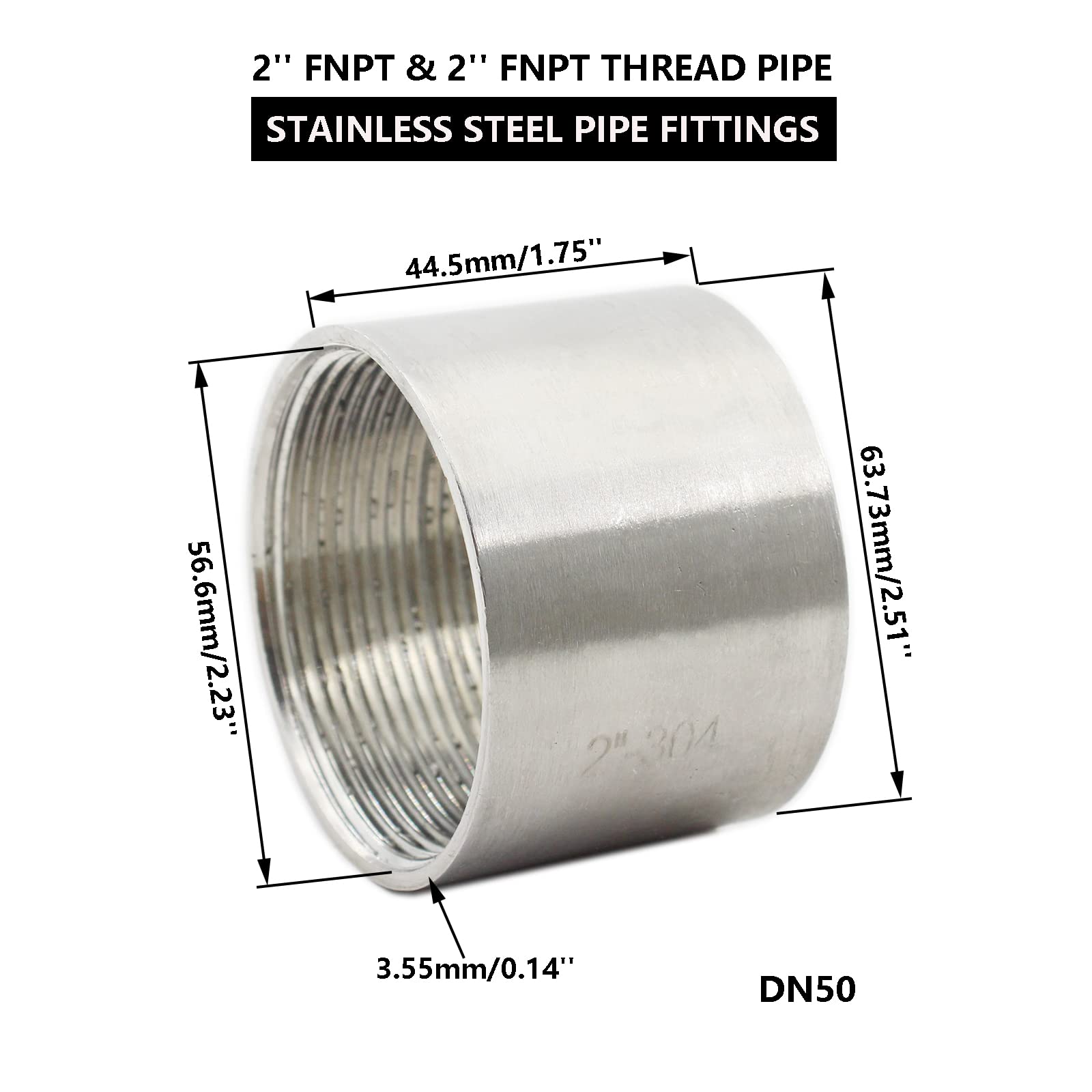 304 Stainless Steel Pipe Coupling Fitting, Pack of 2 Cast Pipe Fittings, TTZEZE Female Thread Pipe Coupler Connector Adapter Polished (2''Female x 2''Female)