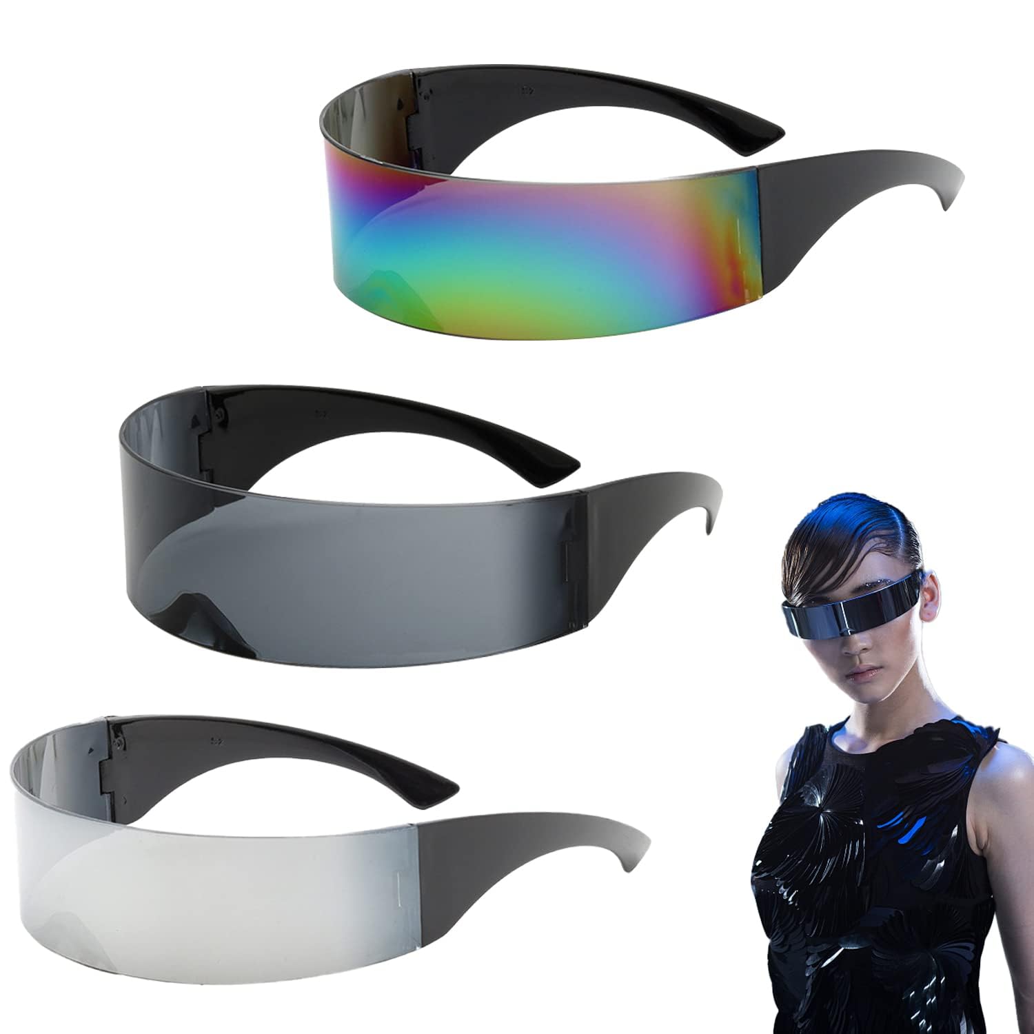 Colorful Mirrored Sunglasses for Men and Women - 3 Pack of Funky Eyewear with Narrow Cyclops Design for Creative Costumes and Parties