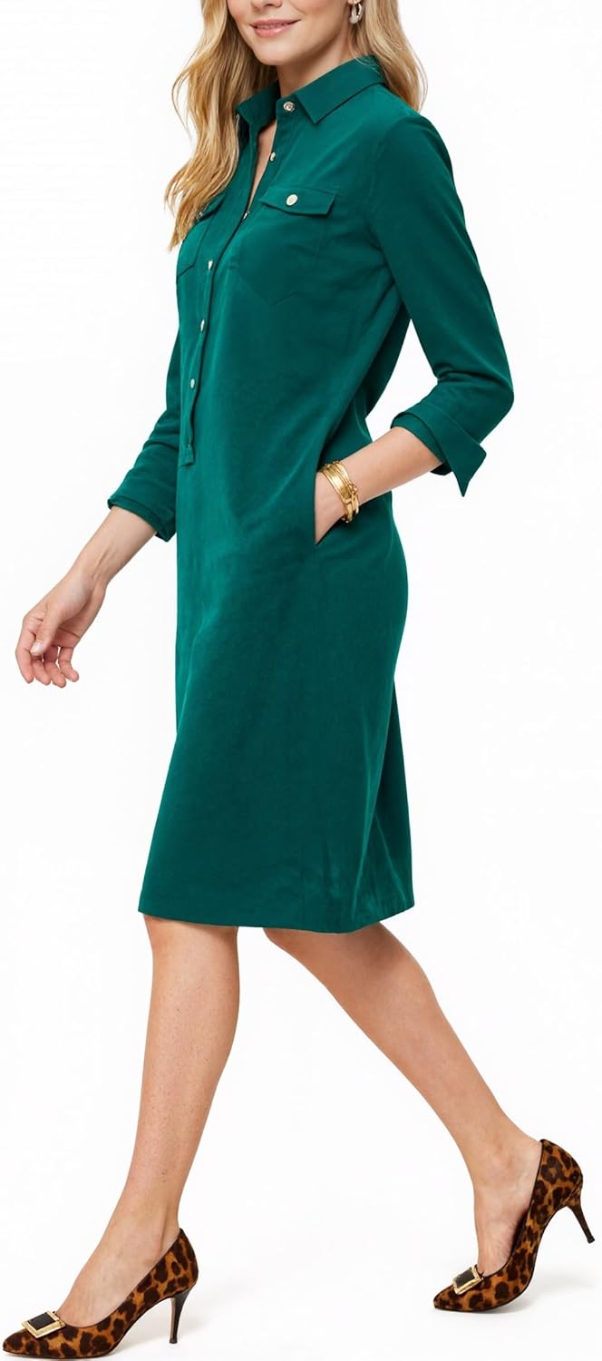 Corduroy Dress for Women Long Sleeve Shift Dress Button Down V Neck Midi Dress - Image 4