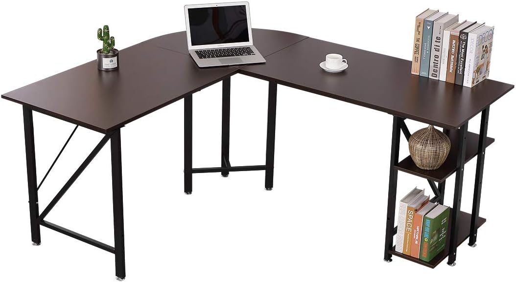Bizzoelife 59"x66" Large L Shaped Round Corner Computer Desk, Reversible Home Office PC Laptop Gaming Table with CPU Stand and Shelf, Wood & Steel Writing Study Workstation for Space-Saving (Coffee)