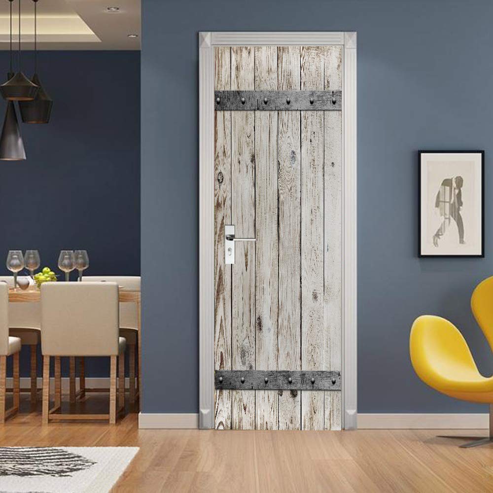 3D papier peint porte trompe l'oeil sticker mural interieur en PVC imitation bois 73x205cm