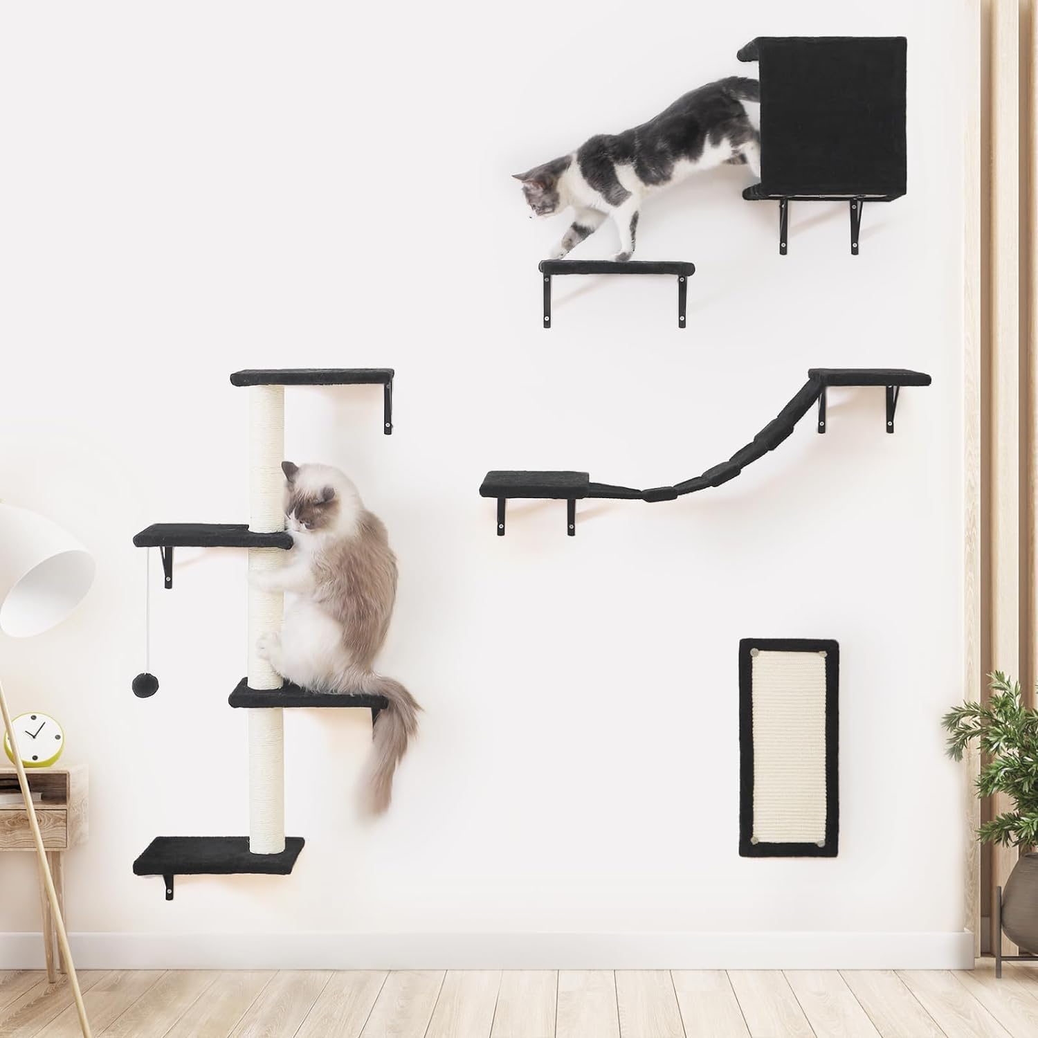 Juego de 5 estantes de pared para gatos, escalador de madera estable para gatos, parque de pared con casa para gatos, puente para gatos, árbol para gatos, escalera para gatos y tabla rascadora para