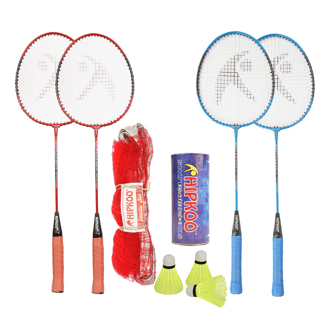 Professional Quality Wide Body Aluminum Badminton Racquets Set | 4 Wide Body Rackets, 3 Shuttlecocks and Net | Ideal for Beginner | Lightweight & Sturdy (Blue & Red, Set of 4)
