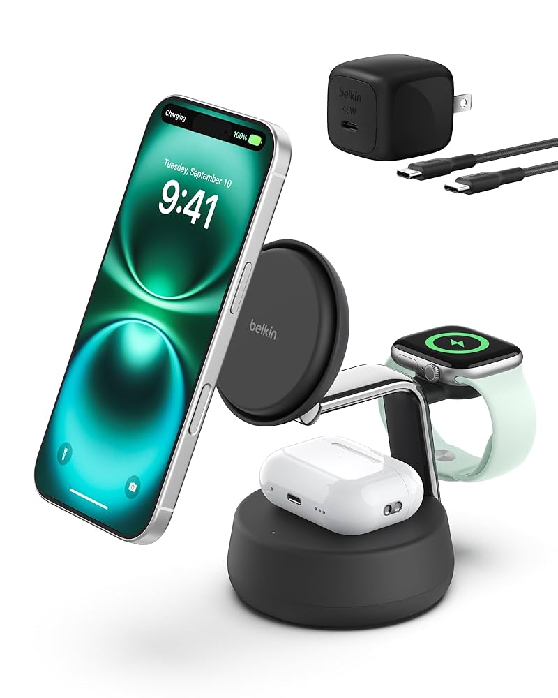 Belkin 3-in-1 Wireless Charger - ブラック 3-in-1 Magnetic Foldable Wireless Charger with Qi2, MagSafe