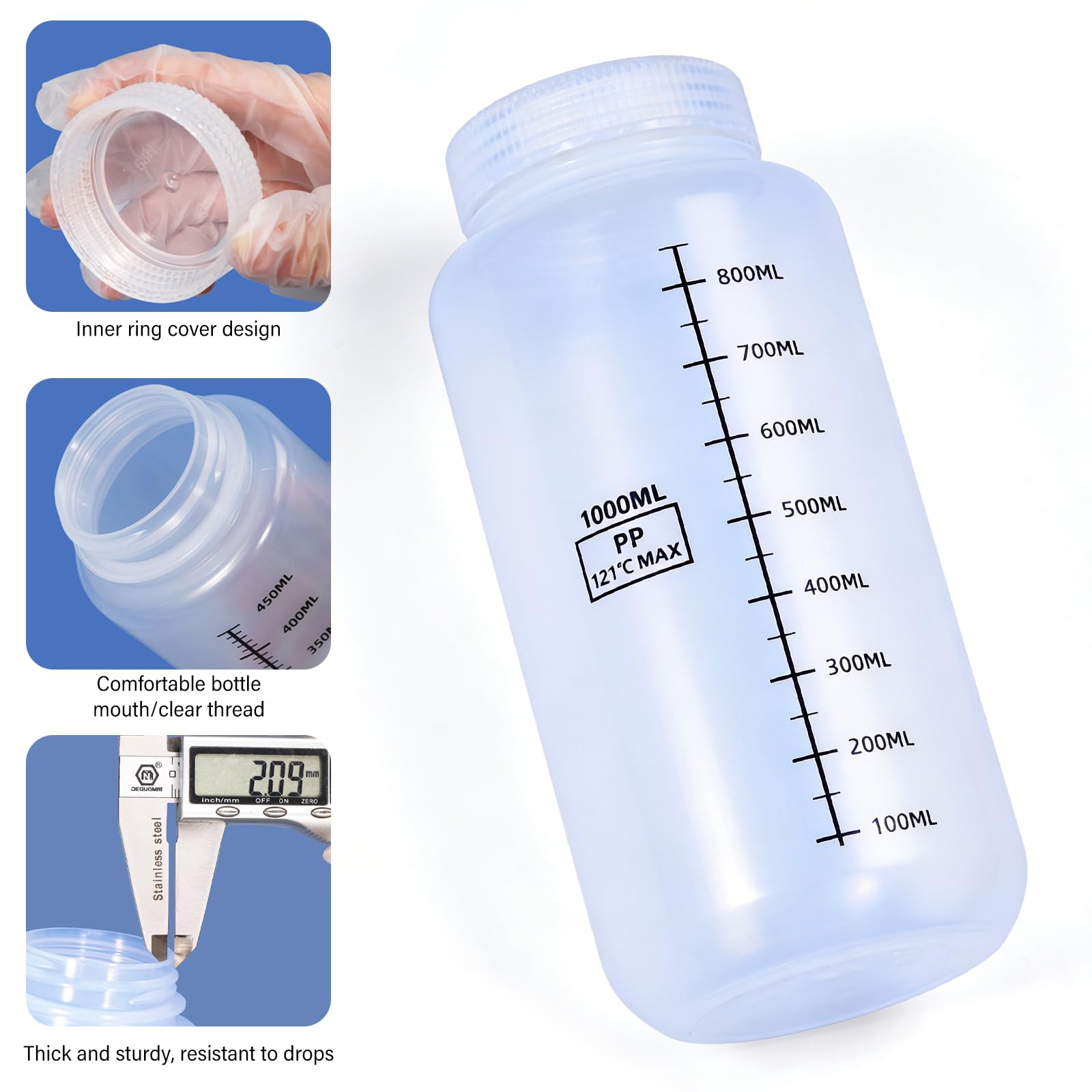 4 bottiglie a collo largo, in plastica, da 1000 ml, per laboratorio, a prova di perdite, a collo largo, con etichette scalate, per bottiglie di pillole, bottiglie di campioni d'acqua