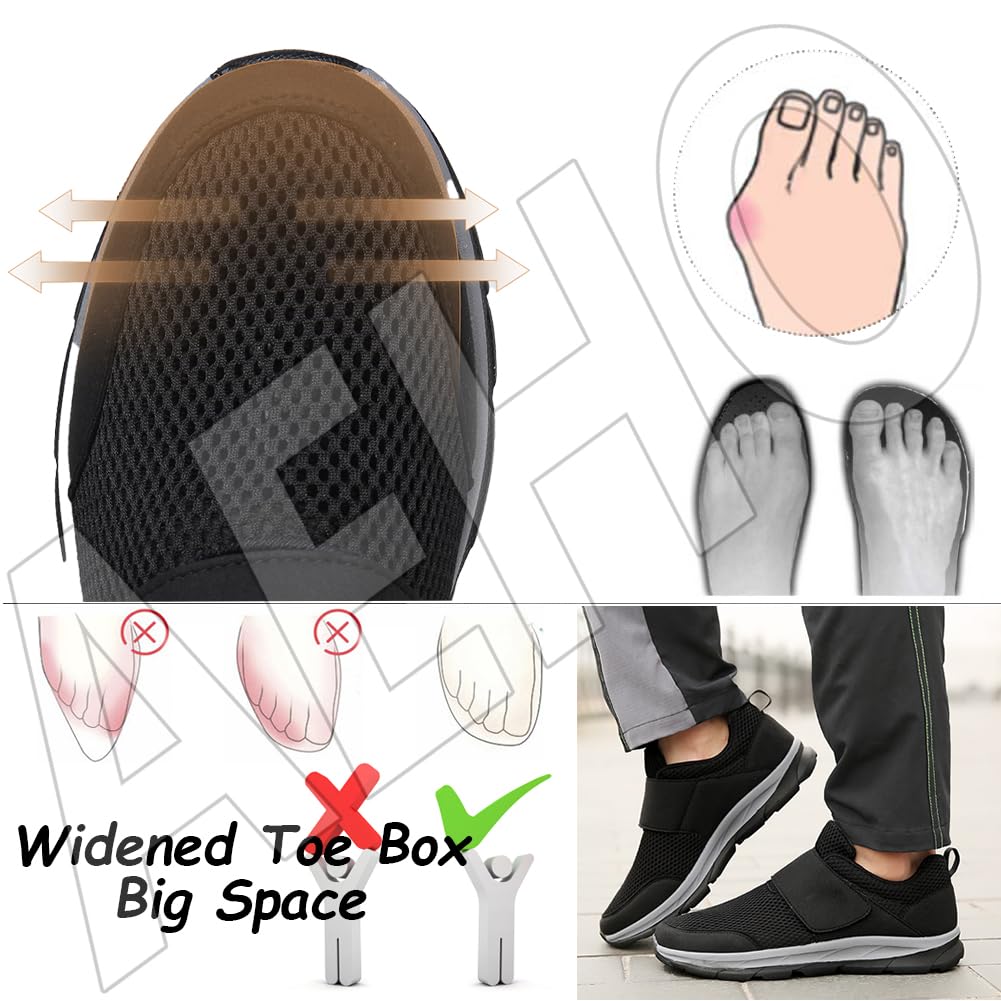 AEHO Scarpe Slip-on Fashion per Diabetici a vestibilità Ampia Scarpe Pianta Larga per Artrite Edema Piedi Gonfi Scarpe da Uomo in Pelle Chiusura Regolabile Scarpa Ortopedica,Nero,43/265mm