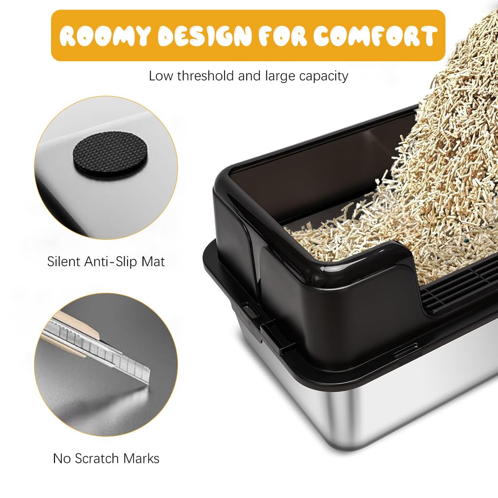 Qpets® Stainless Steel Cat Litter Box with Scoop & High Fence, 50x23x35CM 2