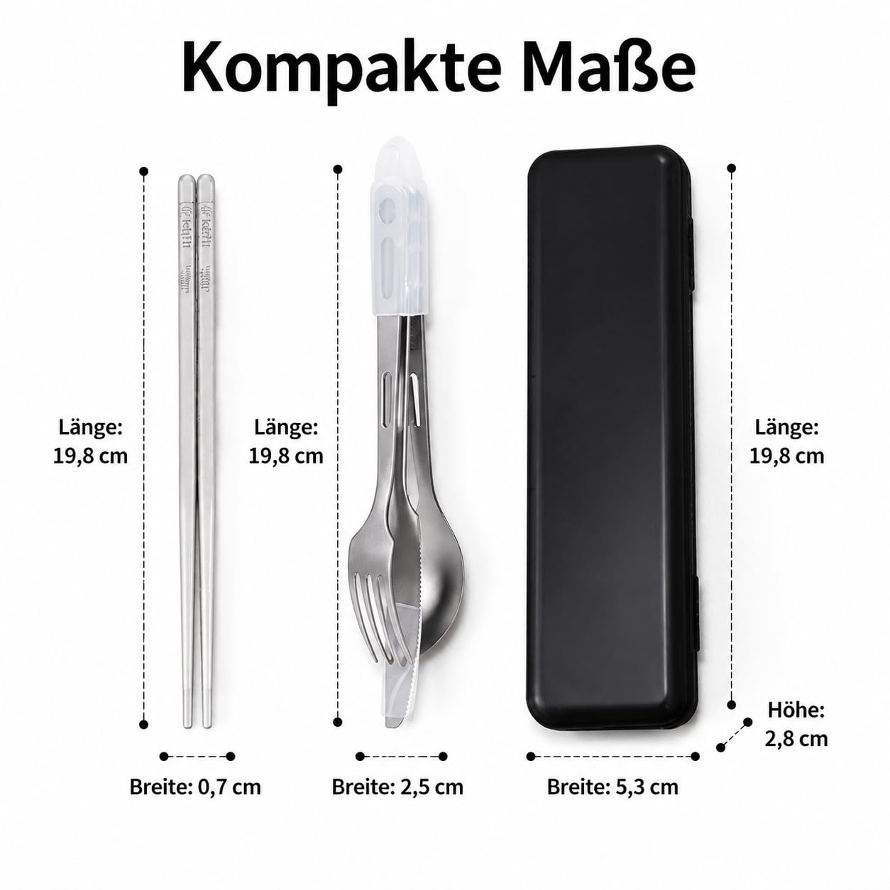 Camping Besteck Set, Outdoor Besteck spülmaschinenfest, Reisebesteck Ultraleicht aus Metall, rostfrei für Wandern & Picknick, チタン + セットカトラリー+ ケース (4019)