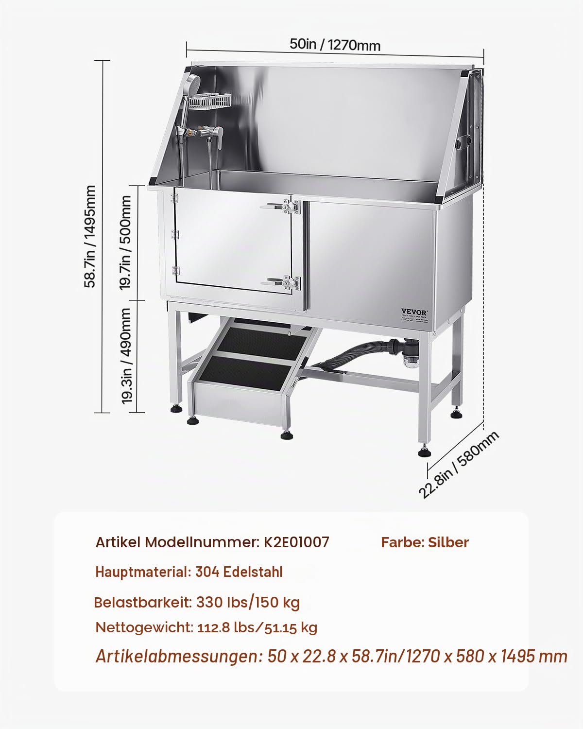 VEVOR Hundewaschstation Edelstahl, 1270x580x1495 mm Tierpflegewanne mit Rampe, PE-Wasserfilterplatte, Wasserhahn, Duschkopf & Seifenhalter, für große, mittelgroße & kleine Haustiere (Linke Tür)