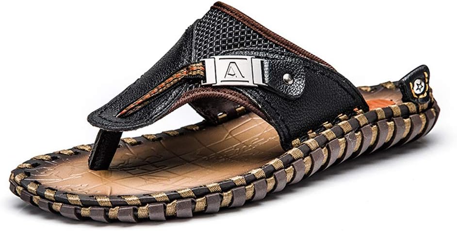 Mens Leather Casual Beach Flip Flop Thong Sandals Black 10.5