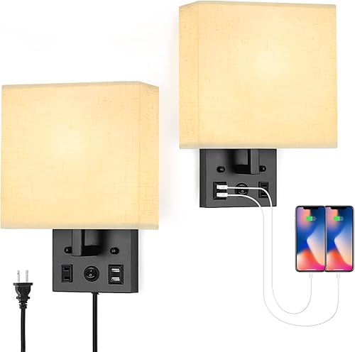 Juego de dos apliques de pared negros, luces de pared de noche para dormitorio, aplique de pared enchufable con puertos USB y tomas, lámpara de