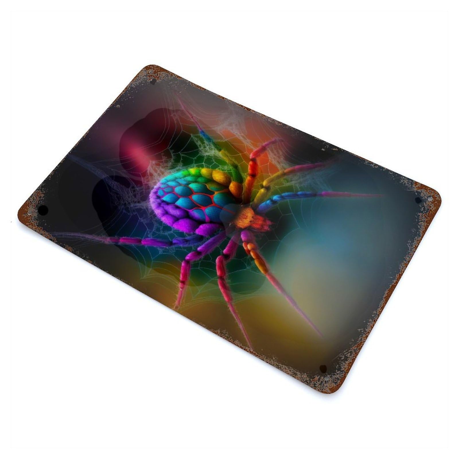 Garage Style Rainbow Spider Web Art Distressed Metal Wall Sign 11.8"x7.9", Novelty Wall Decor for Bar And Workshop