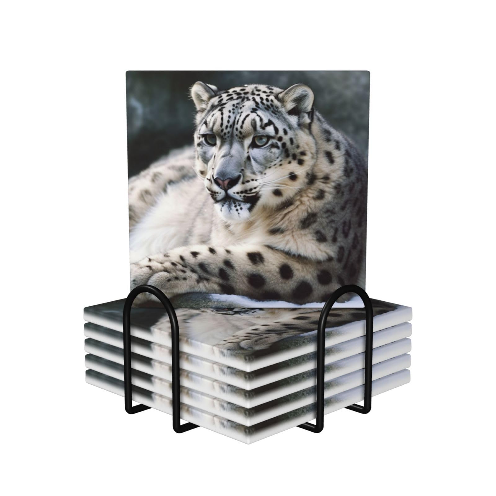 6Pcs Ceramics Coaster for Drinks, Snow Leopard Cup Coasters with Holder, Aesthetic Drink Coasters for Coffee Table, Absorbent Round Coaster for Tabletop Protection 4" Cup Mat Pad