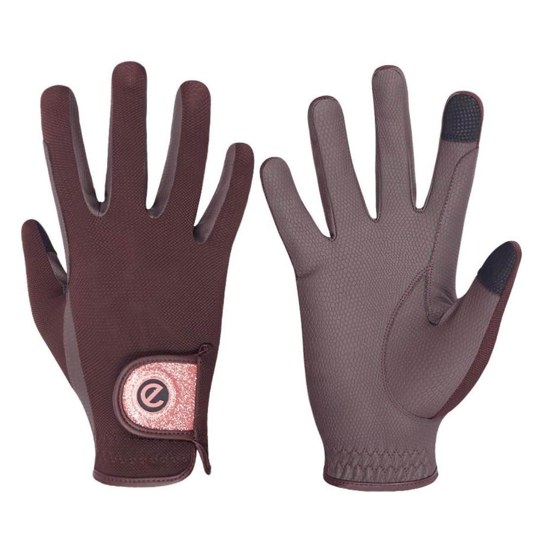eGlove - eQUEST GripPro X-LITE Horse Riding Gloves - Lightweight, Breathable, Grippy Non-Slip Material - Comfort Mesh Back - Touchscreen Gloves (BROWN - ROSE GOLD GLITTER CUFF, XXX-Small)