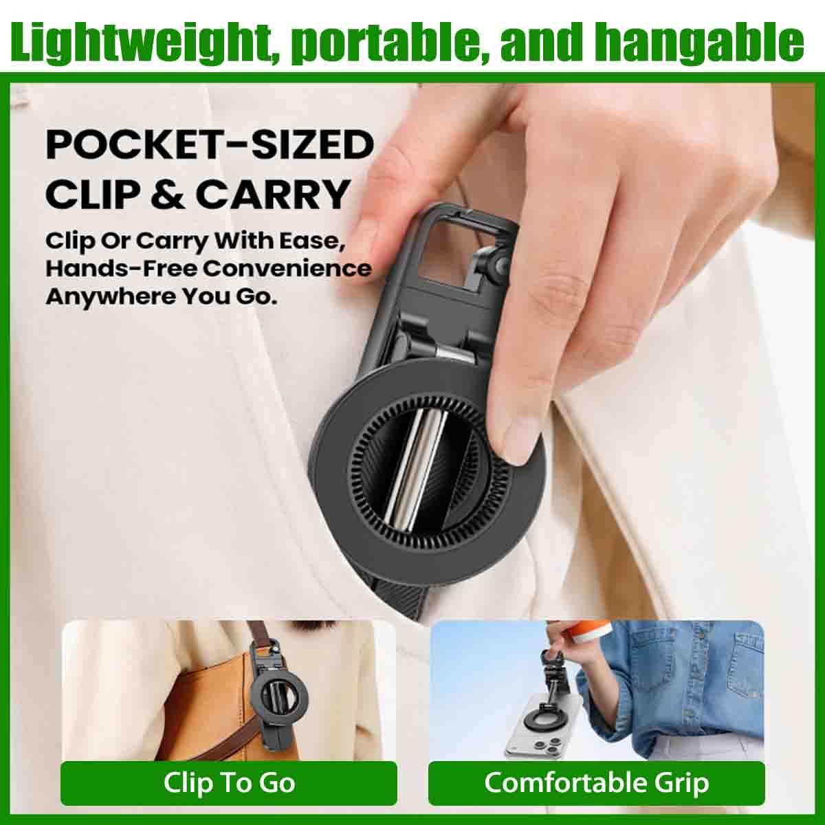 Foldable Magnetic Phone Holder With Carabiner,Zinc Alloy N52 Magnet，2pcs | Portable Pocket Selfie Stick,Phone Stand,360° Swivel Suction Cup,Dual-Side Magnetic,Fits Vlog,Gym,Golf cart,Travel,Desk