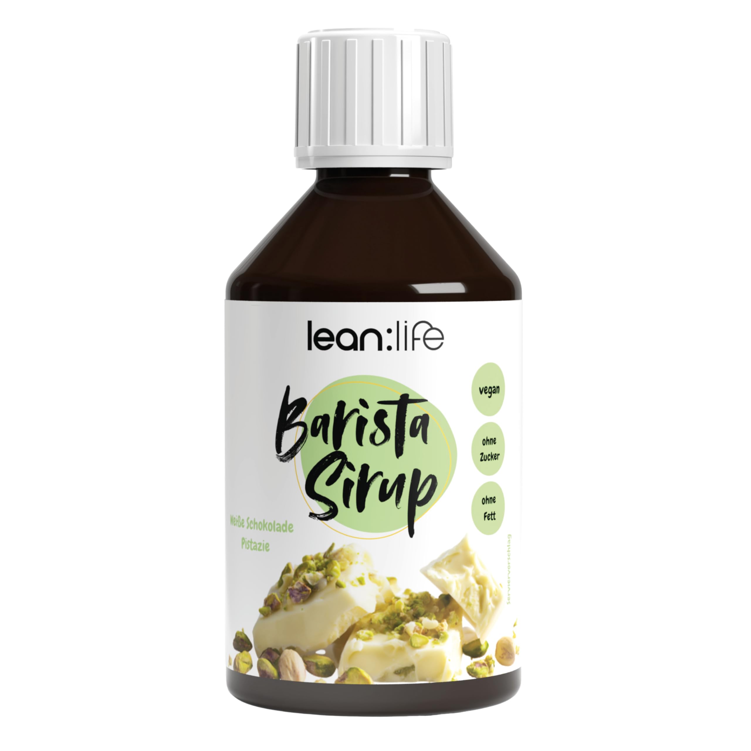 Lean:Life Barista Sirup zuckerfrei - Weiße Schokolade, Pistazie – 250 ml – vegan und kalorienarm – Kaffeesirup für kalte & heiße Getränke - Cappuccino, Kaffee, Latte Macchiato