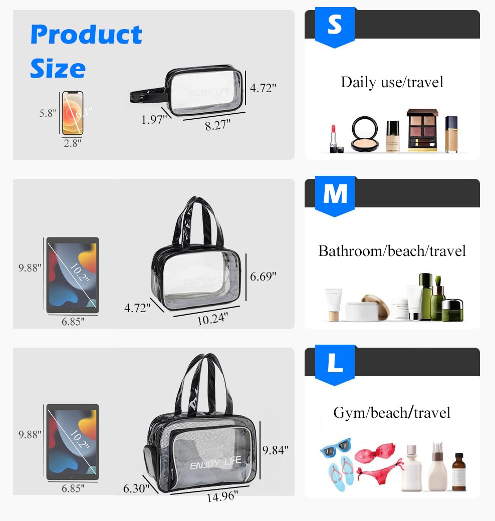 Neceser de viaje, bolsa de aseo transparente con asa, bolsa de maquillaje impermeable para playa, viajes, gimnasio, Azul, L