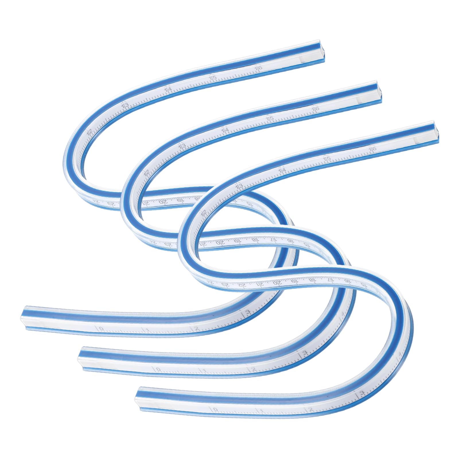 sourcing map 3pcs Flexible Curve Ruler 400mm (16") Metric and Inch Double Side Bendable Curve Plastic Graduated Rulers for Engineering Drawing Design Graphics Garment, Blue White