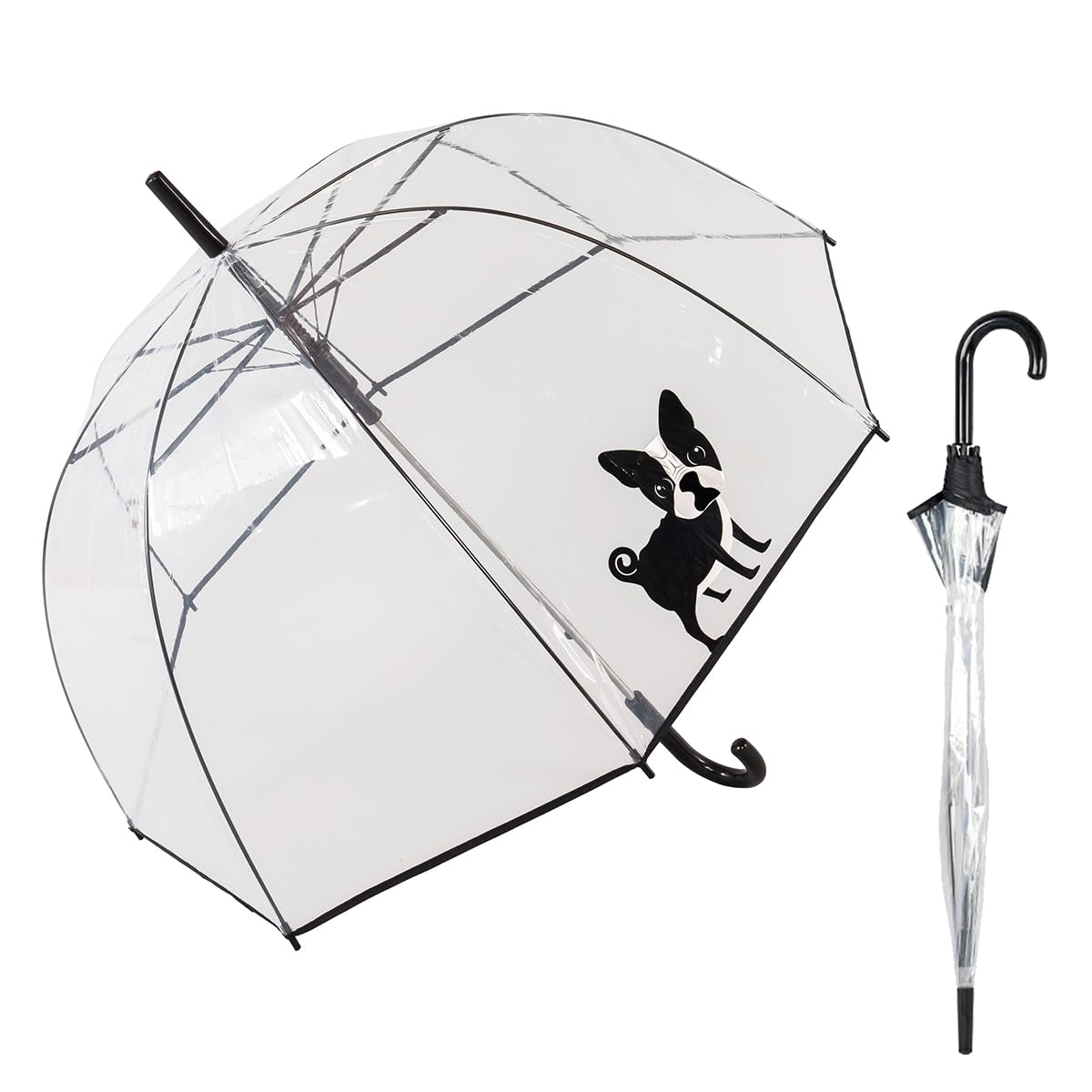 Le Monde du Parapluie - Automatic transparent bell umbrella - anti-wind - 8 fiberglass ribs - solid - French Bulldog