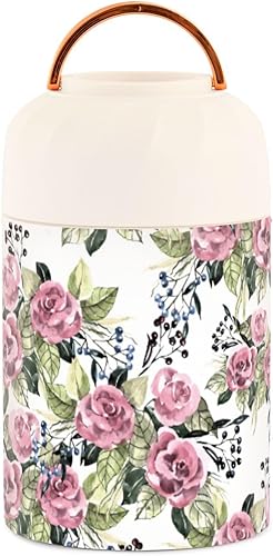 Watercolor Flowers Rose Wild Berry Kids Womens Insulated Food Jar Containers with Spoon 17oz500ml Warm Food Container Stainless Steel Vacuum Wide