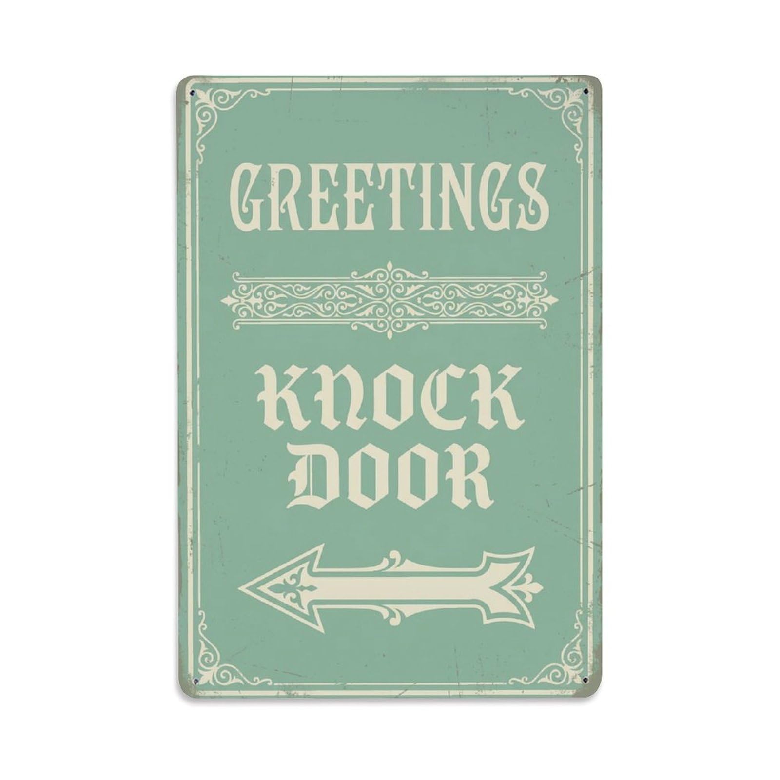 Vintage Greetings Knock Door Arrow Border Metal Tin Sign