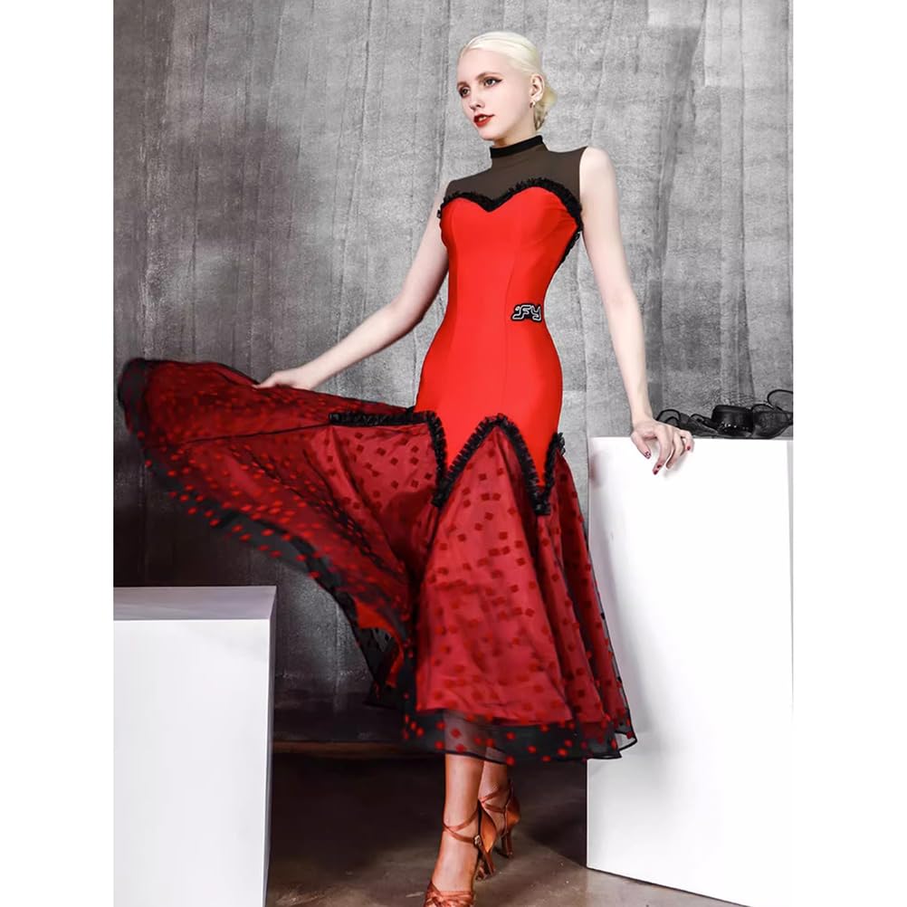 purpleq Vestido de Baile estándar Nacional para Mujeres, Vestido Rojo de salón, Waltz Moderno, Flamenco, Malla de Espina de pez, Falda de Gran Vuelo