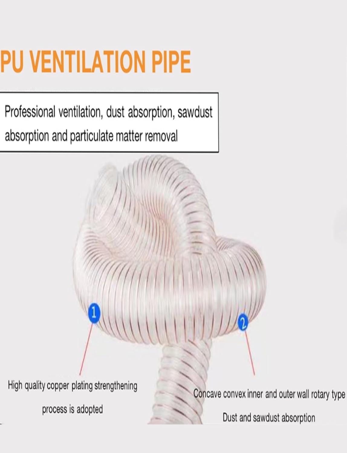 1.2mm Thick PU Dust Collector Hose，Flexible Transparent Vacuum Hose，2m Length，for Table Saw,Band Saw,Woodworking(230mm/9 in)