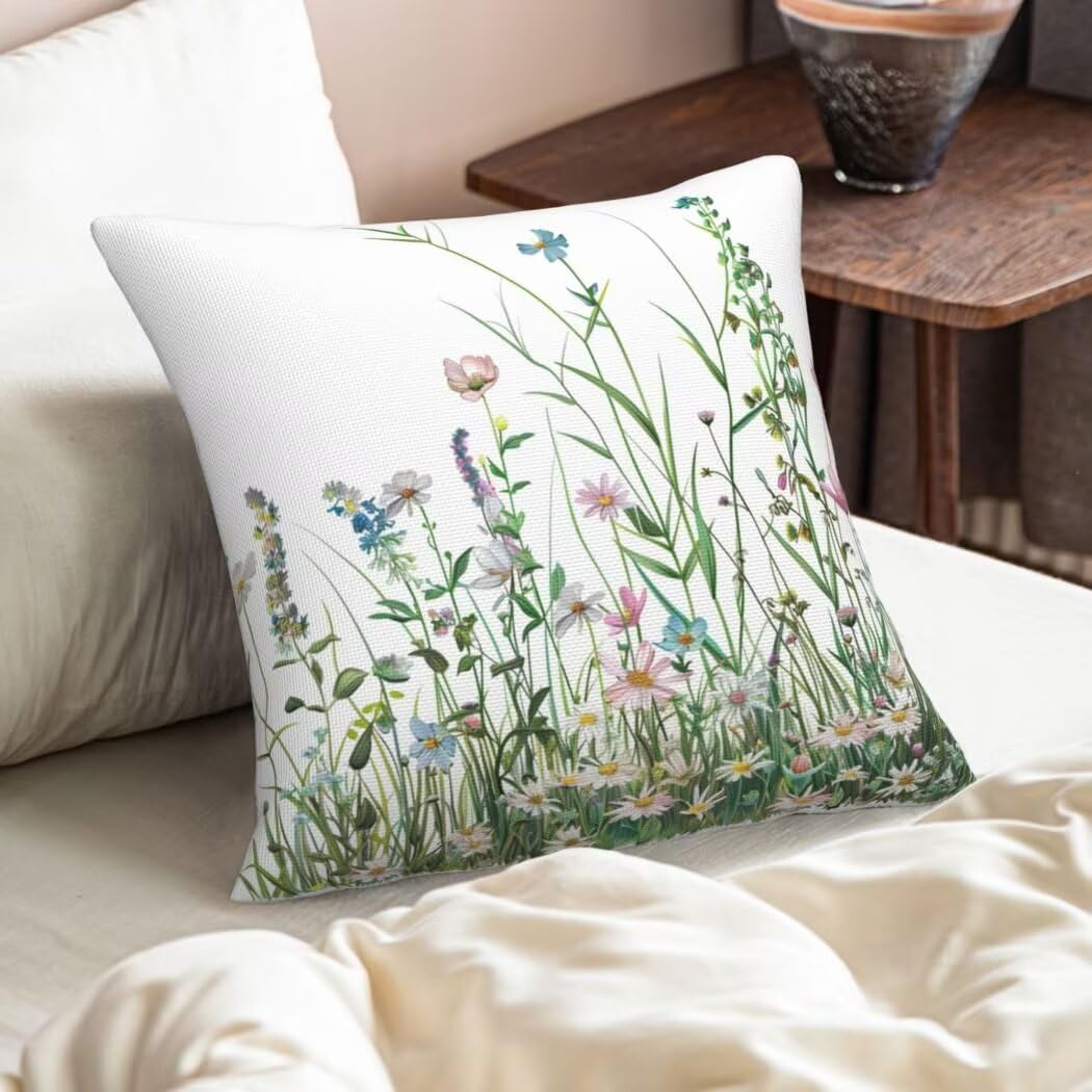 Kissenbezug 60x60 cm Wildblumen Sofakissen 4er Set Leinen Dekokissen Kissenbezüge Couchkissen Gras Outdoor Kissen Zierkissen Kissenhüllen für Schlafzimmer, Sofa, Stuhl, Bett, Garten Deko Kissen -LI87