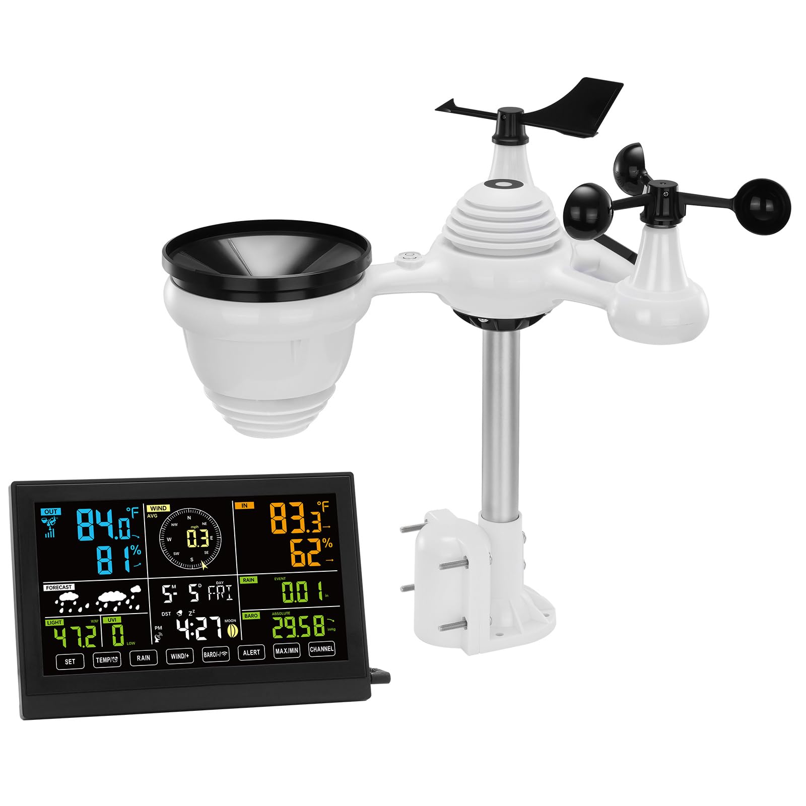 VEVOR 7-in-1 Wireless Weather Station, 7.5 in Color Display, Digital Weather Station Indoor Outdoor, for Temperature Humidity Wind Speed/Direction Rain UV, with Forecast Data, Alarm, Alerts-NO WiFi